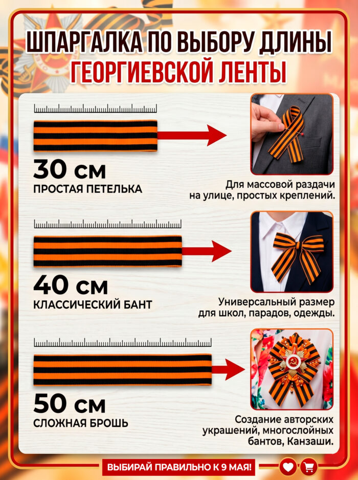 Выбор георгиевской ленты разной длины - для чего подойдет